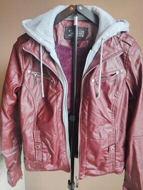 Jou Jou Size S Maroon Faux Leather Moto Jacket with Gray Hoodie
